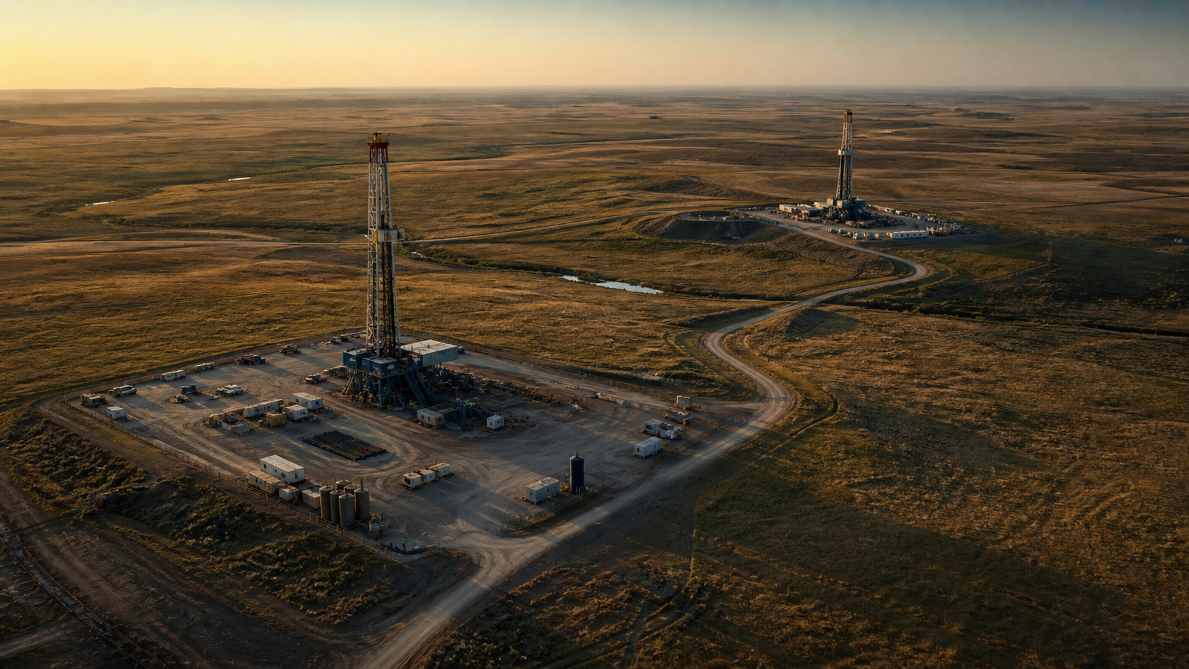 Aerial view of two drilling rigs on a prairie operational site in Alberta at golden hour, with service roads cutting through the landscape.
