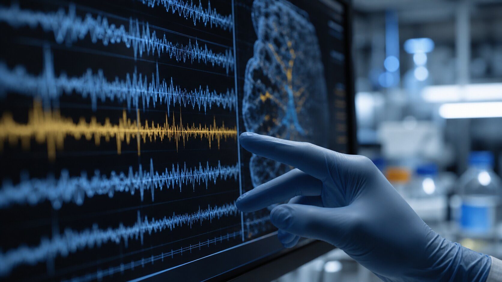 Neural decoding waveforms on a clinical research display, with a gloved researcher’s hand reaching toward the screen.