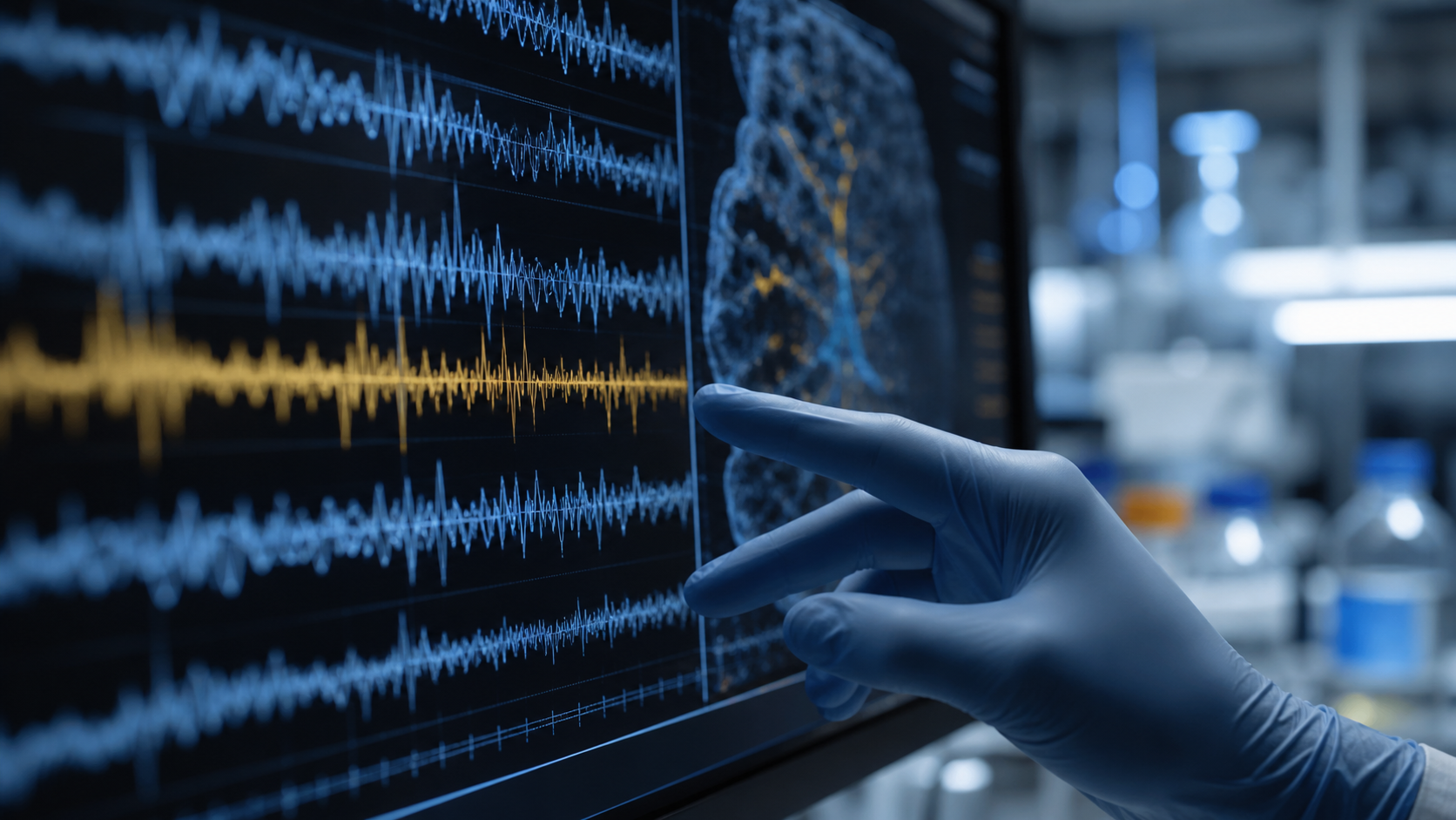 Neural decoding waveforms on a clinical research display, with a gloved researcher’s hand reaching toward the screen.