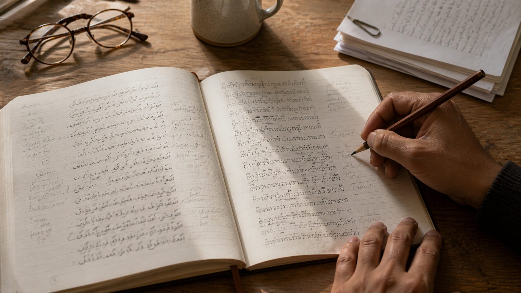Close-up of an open notebook on a wooden desk with handwritten passages in two scripts, a hand at the right edge mid-annotation with a sharpened pencil.