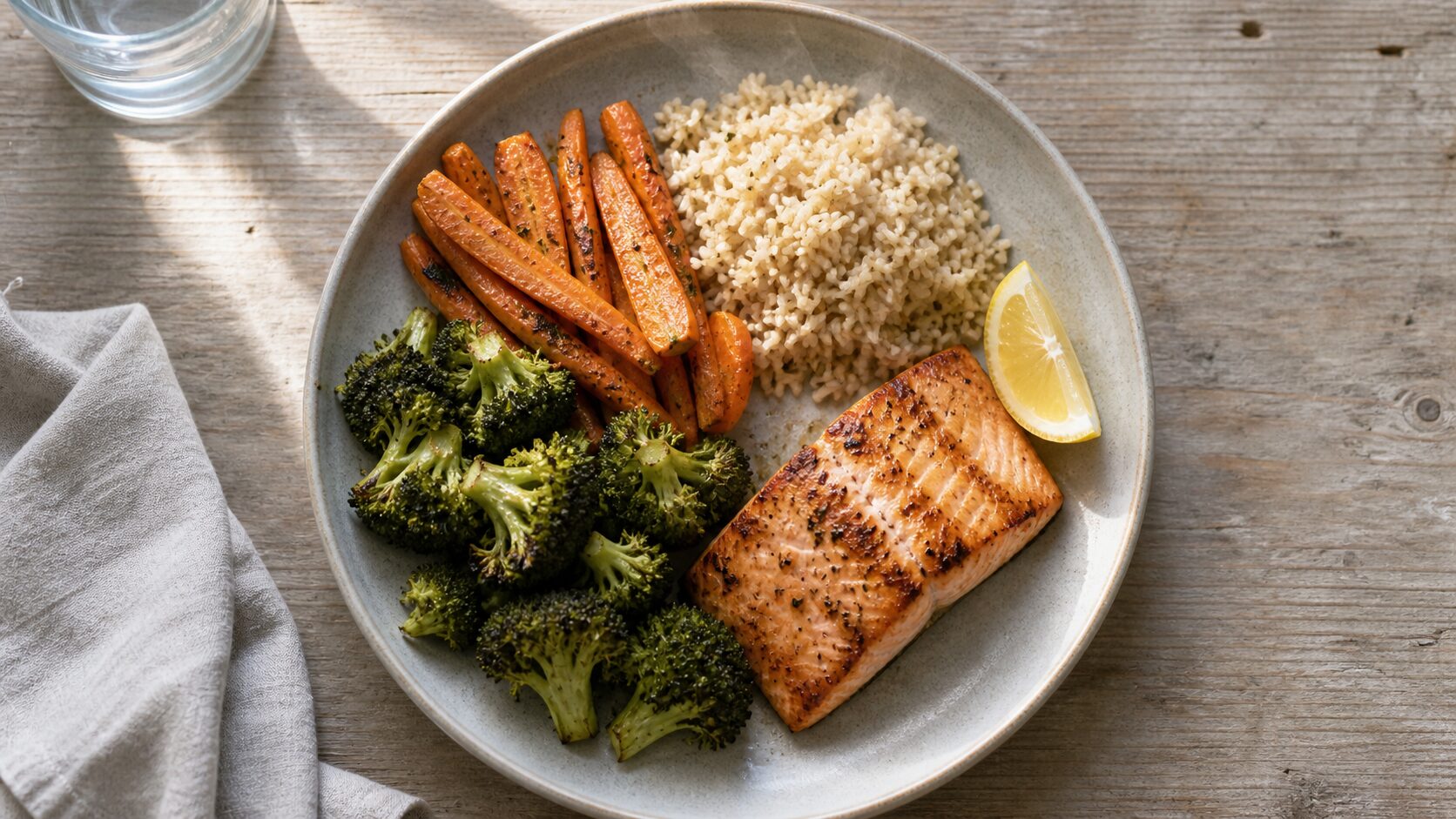 Overhead view of a varied home-cooked meal on a plain ceramic plate (grilled salmon, roasted carrots and broccoli, brown rice, lemon wedge) on a weathered wood table.