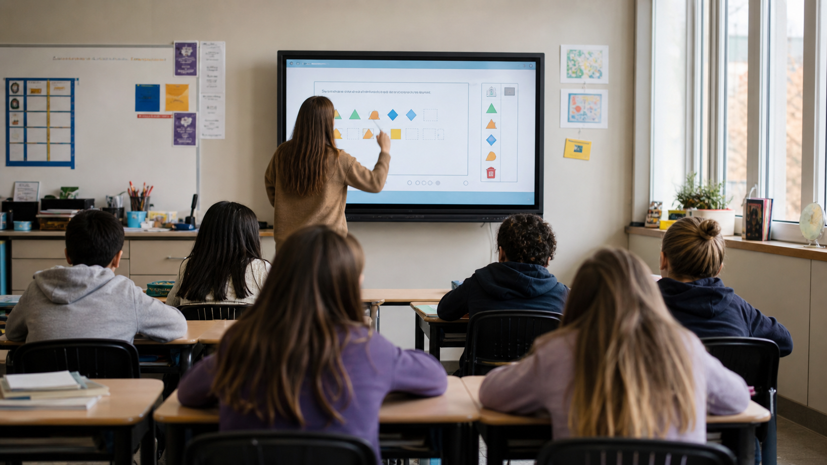 A teacher at the front of a bright K–12 classroom using an interactive worksheet on a large SMART display, with students at their desks watching and engaged.